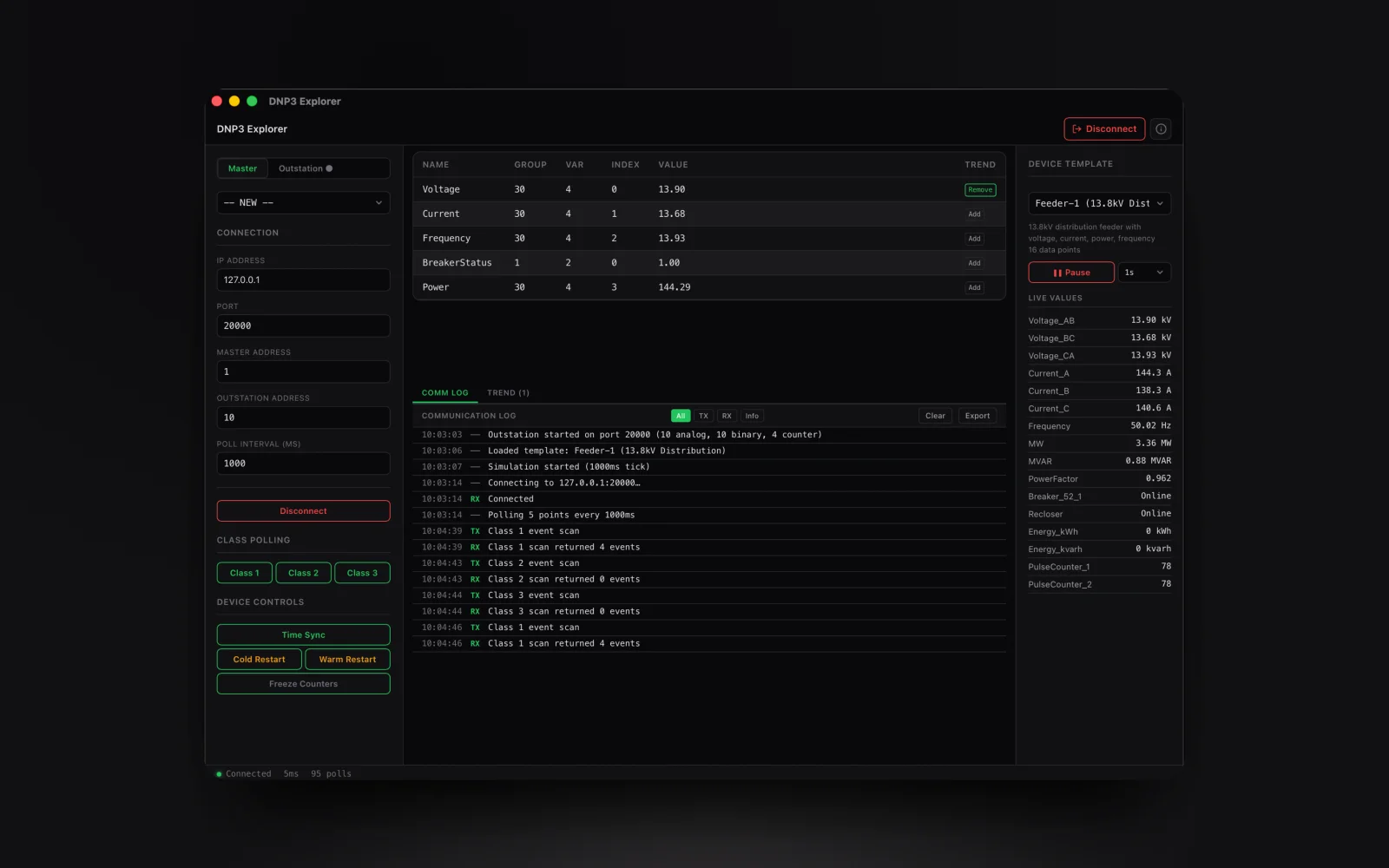 Class 0/1/2/3 polling in the Voltrus DNP3 Explorer — event scan with buffered sequence-of-events timestamps