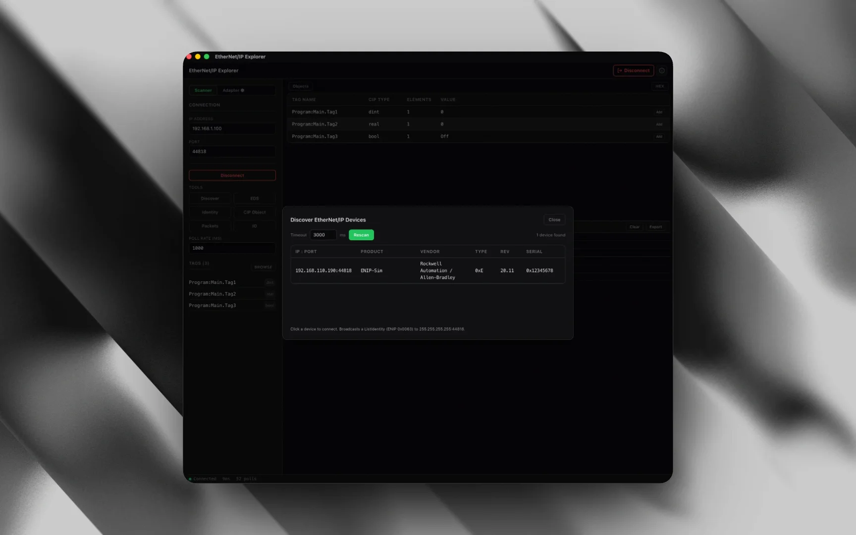 Device Explorer in the Voltrus EtherNet/IP Explorer — a connected device with the CIP object tree, identity, and attributes