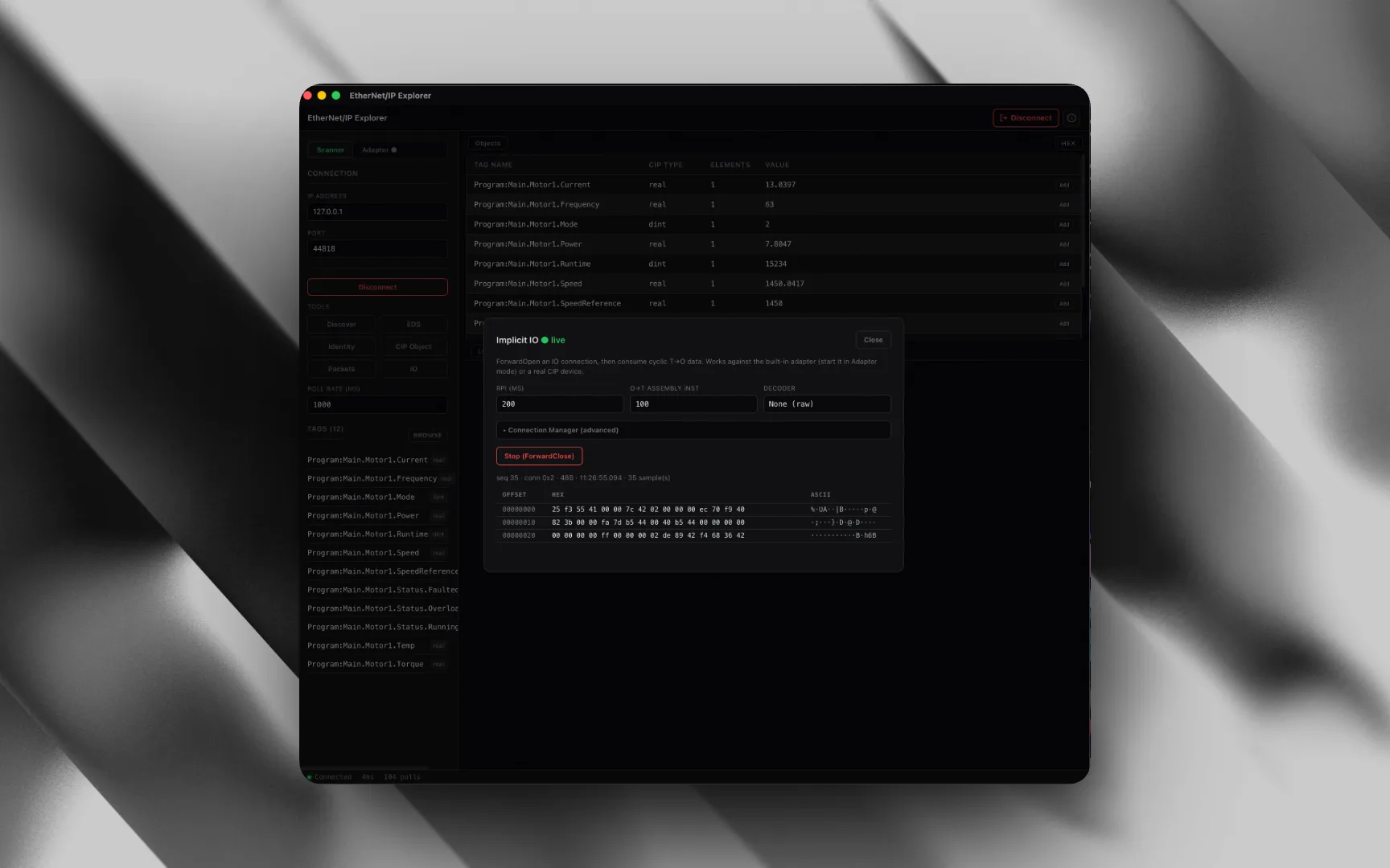 Implicit messaging I/O exchange in the Voltrus EtherNet/IP Explorer