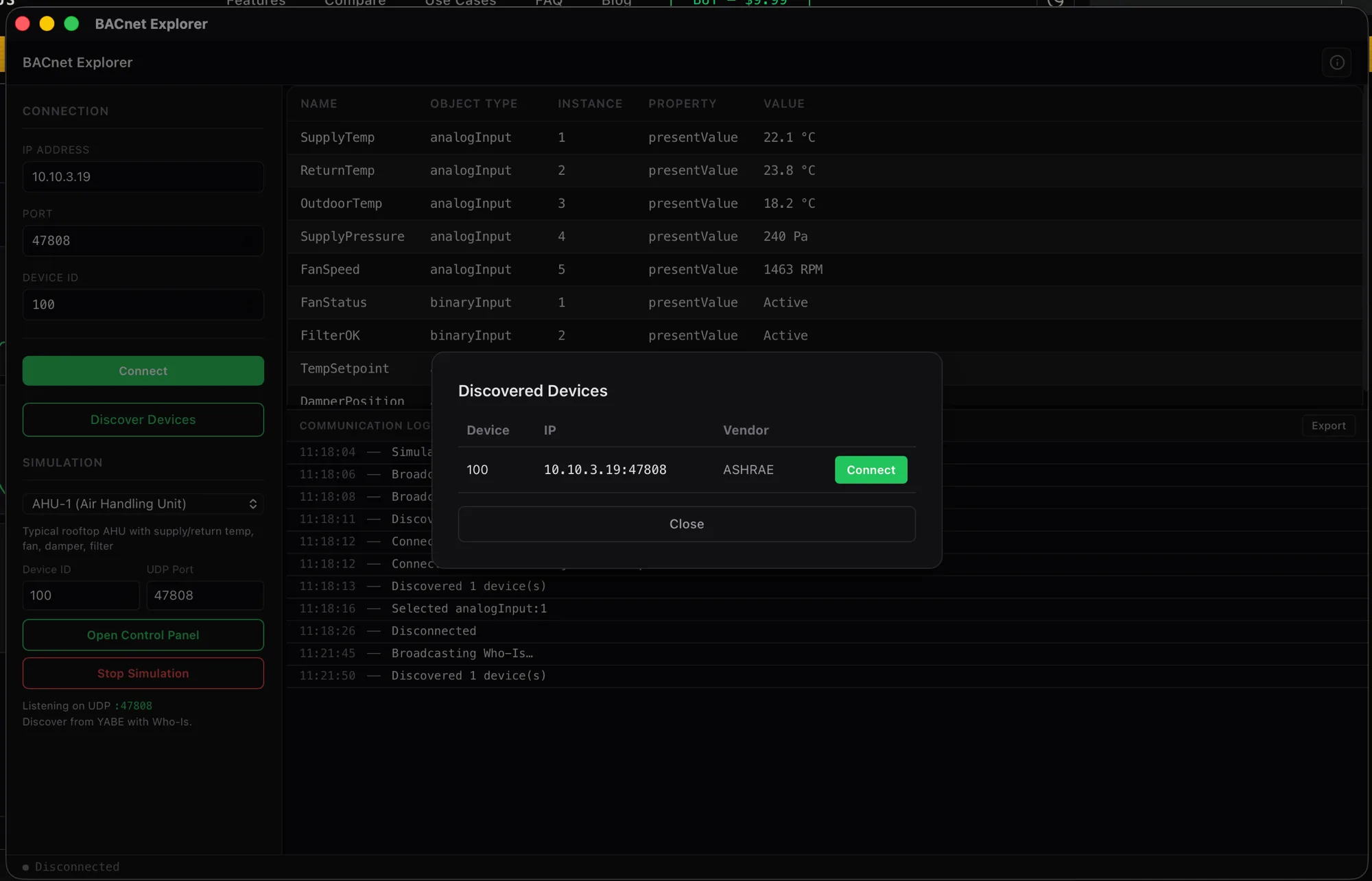 BACnet device discovery showing discovered devices with device ID, IP address, and model information
