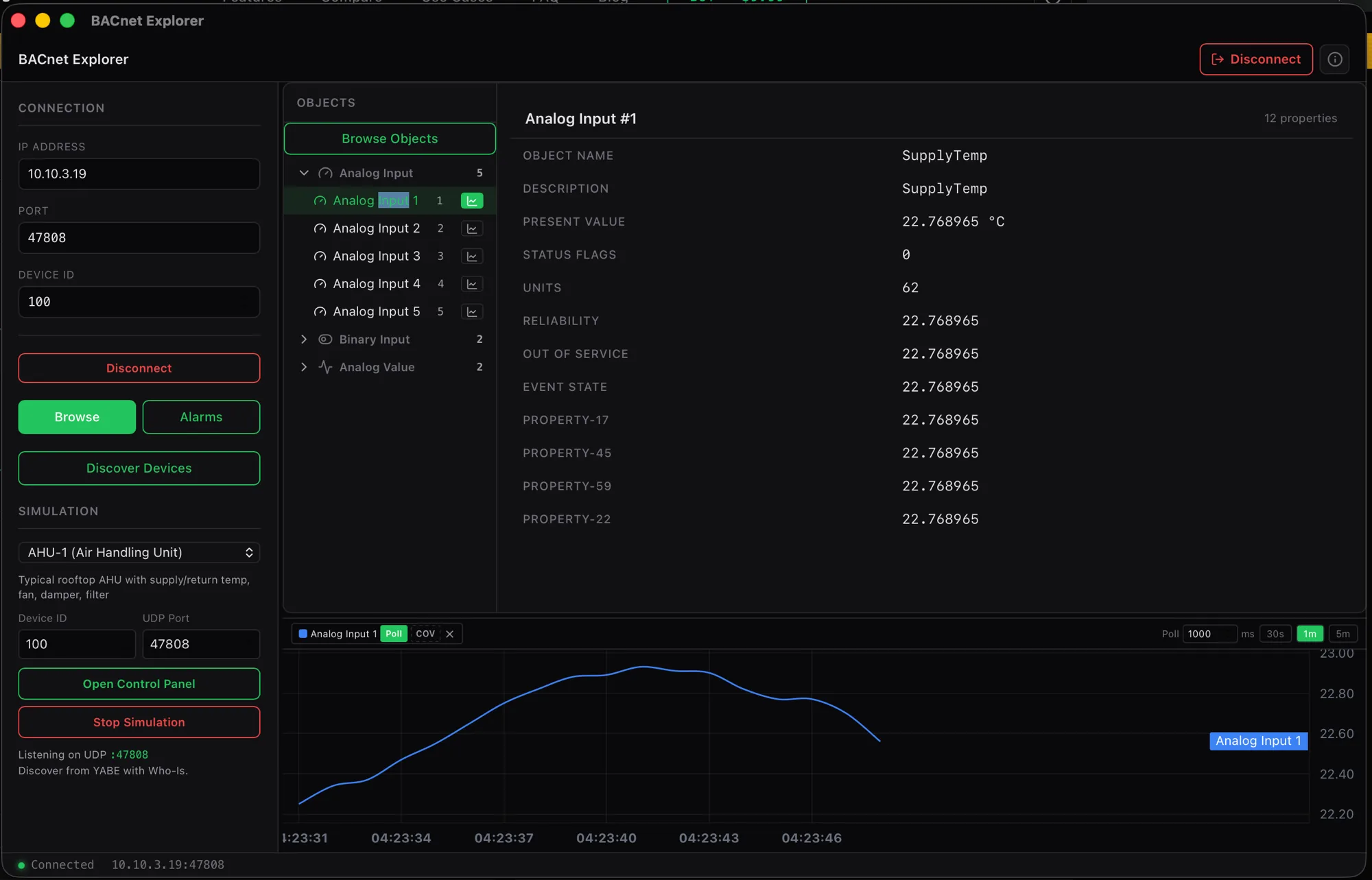 BACnet trend log viewer showing historical values with timestamps and a chart