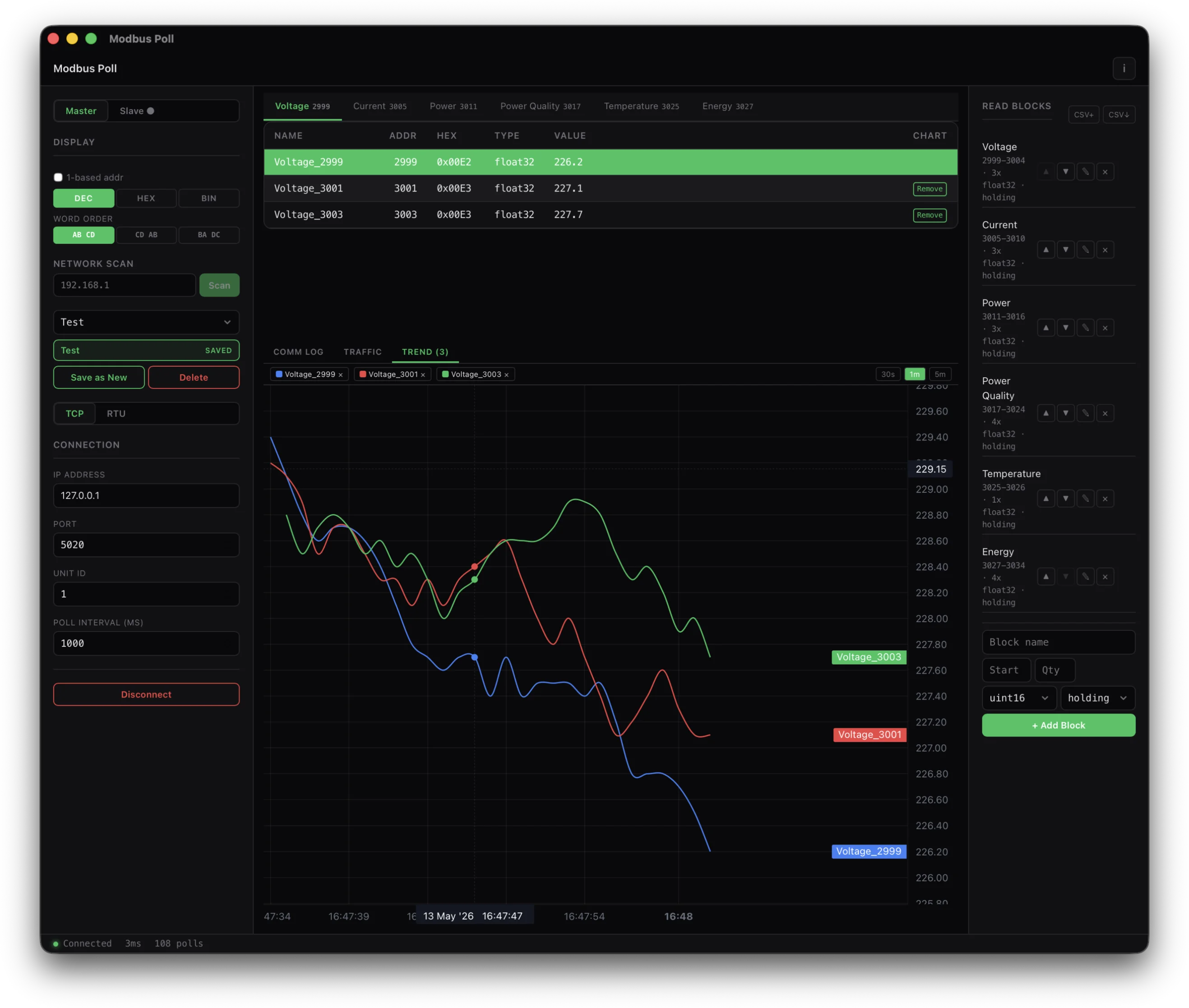 Live charts — register values plotted over time with trend visualization