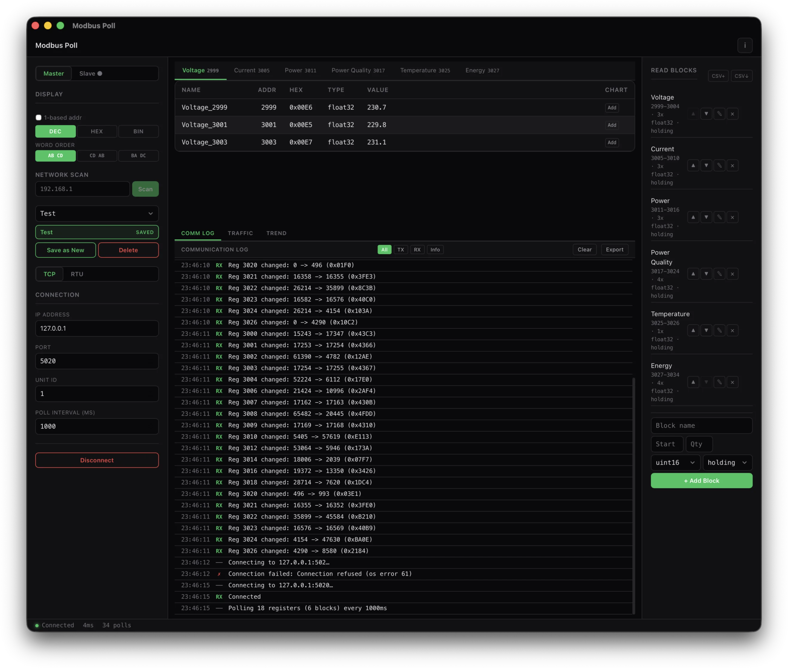 Modbus master mode — register polling with live value updates