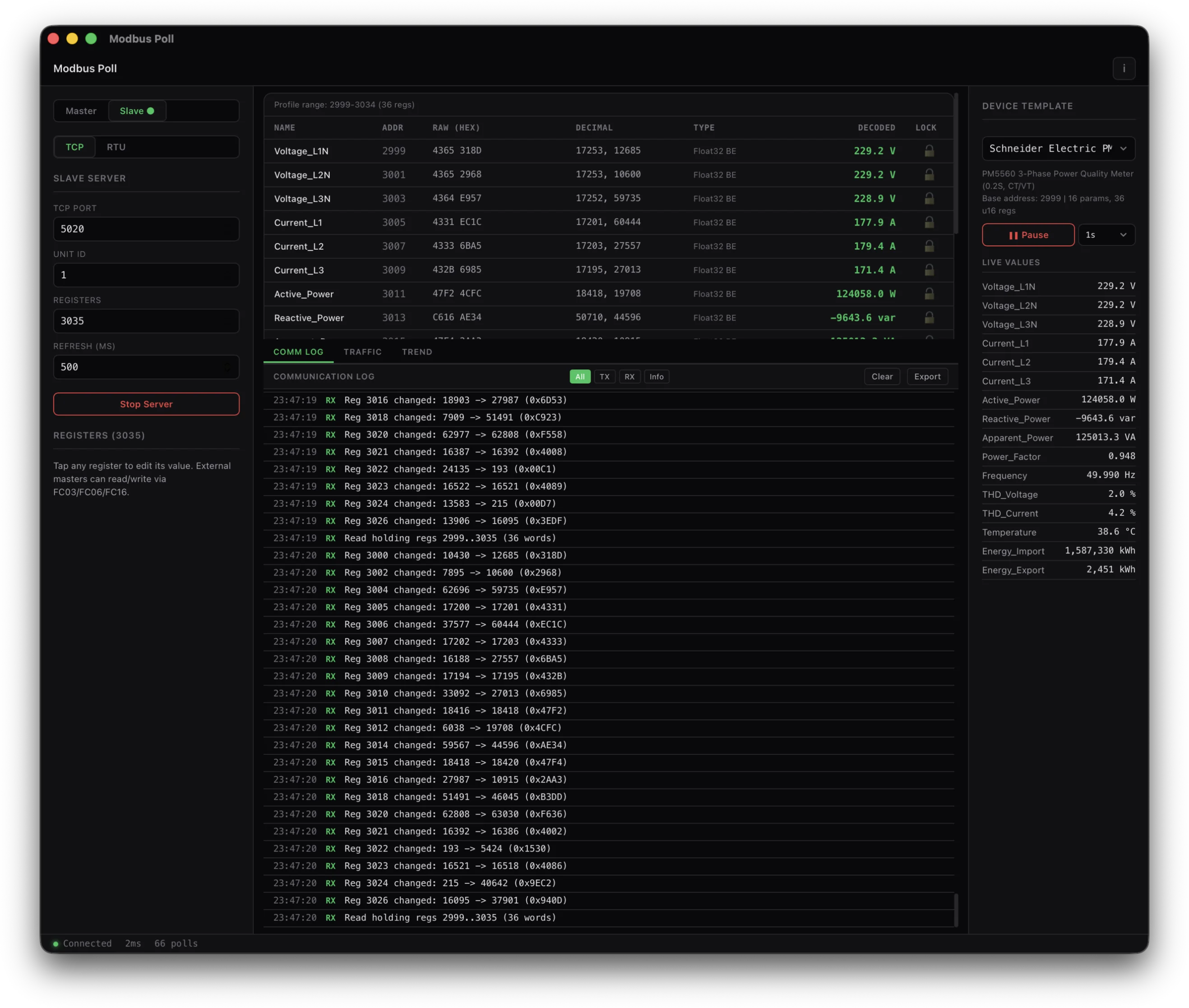 Modbus slave mode — device simulation with configurable registers