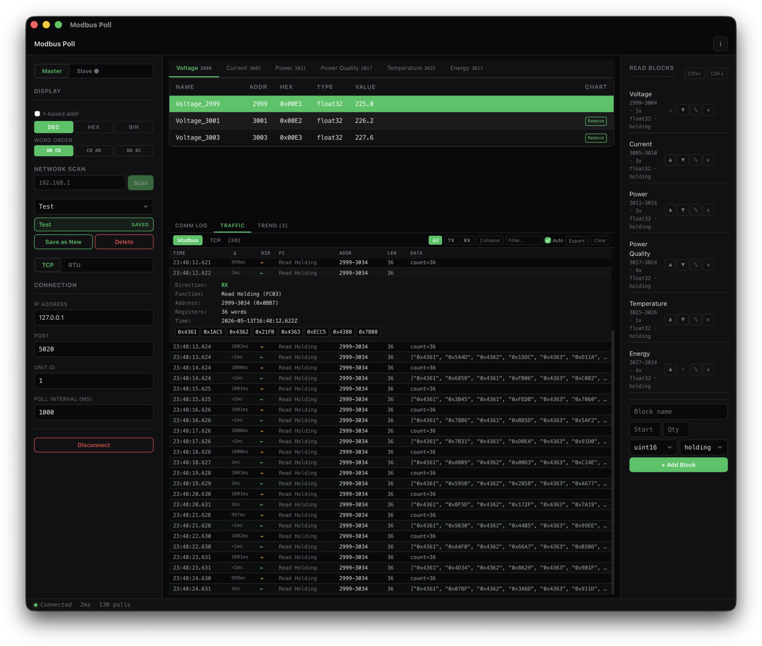 Traffic capture — per-frame Modbus decode with direction filter and CSV export