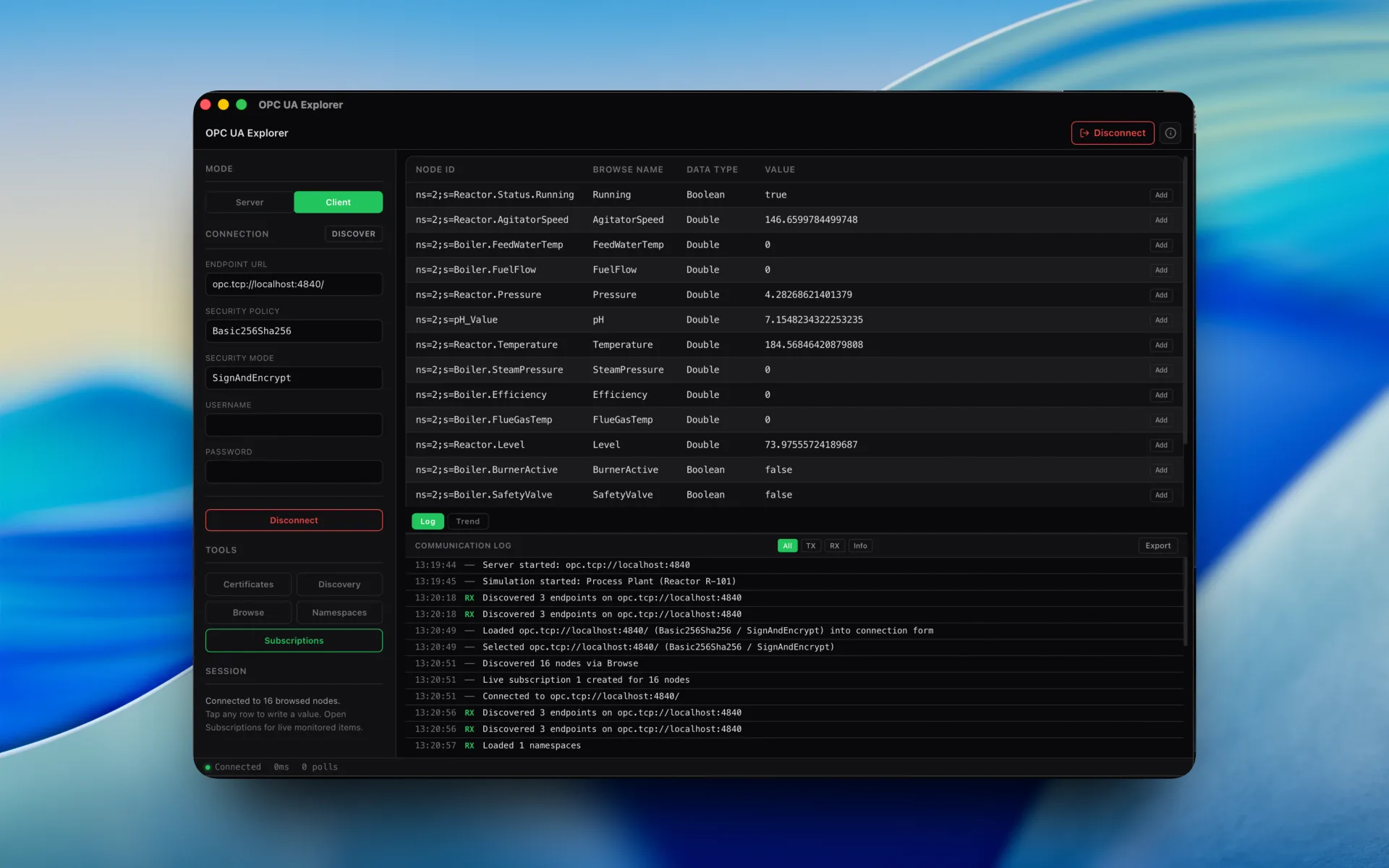 Subscriptions view: live monitored items with real-time value change notifications